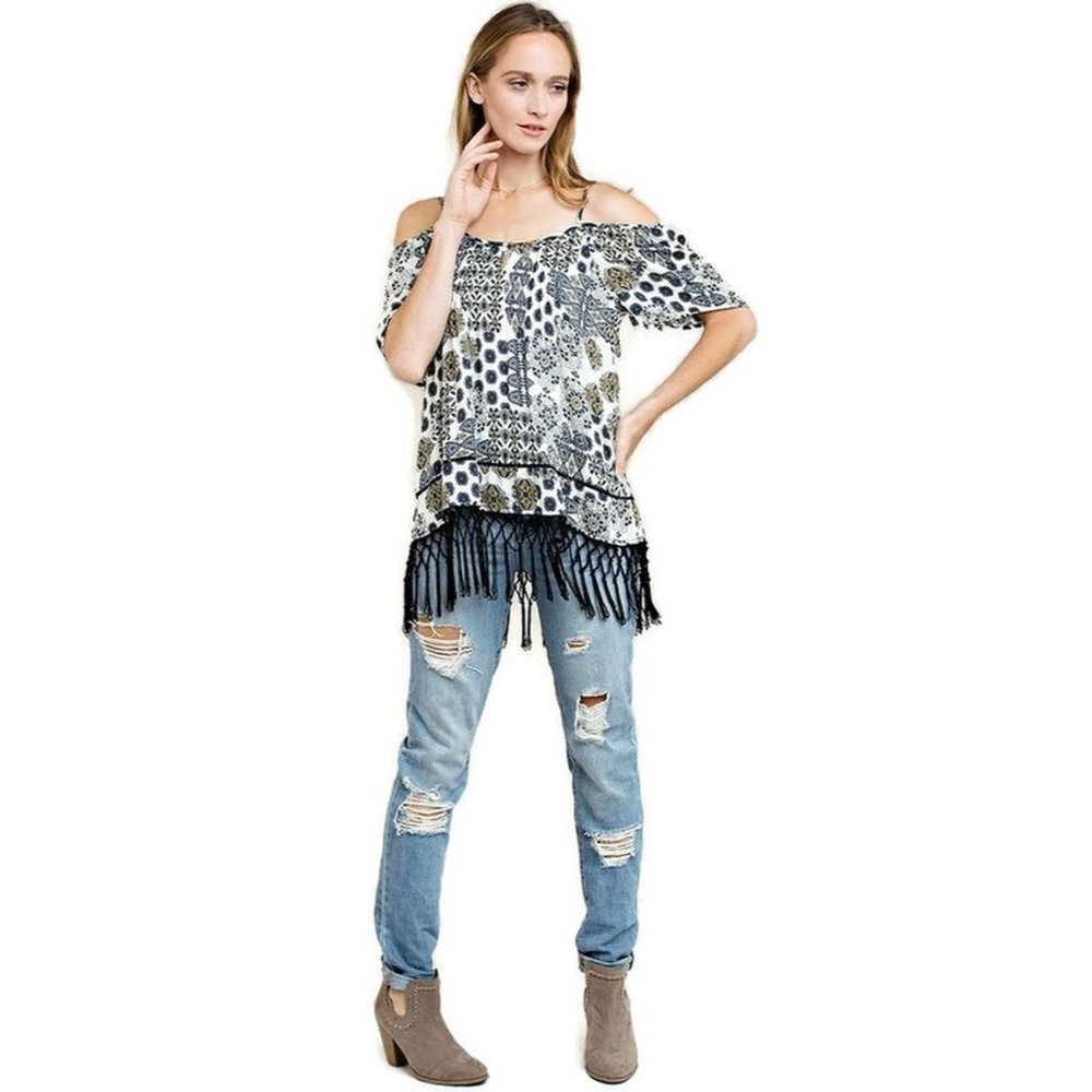 Kori America Off The Shoulder Fringe Top, Blue Mix